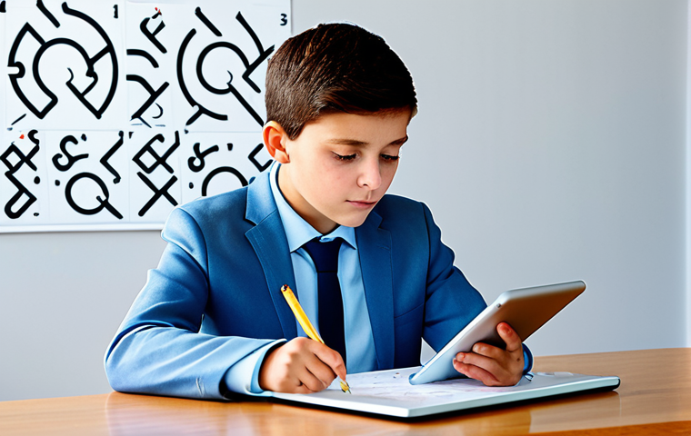 A focused young adult, fully clothed in modest, professional attire, sits at a modern desk illuminated by soft, natural light. Around them, abstract holographic representations of complex German grammar elements, such as intricate declension charts and intertwining sentence structures, float in the air, forming a visual labyrinth. The learner gazes at a sleek tablet displaying a language learning app, an expression of determination and deep thought on their face. The image emphasizes the initial challenge and theoretical depth of German grammar. Perfect anatomy, correct proportions, natural pose, well-formed hands, proper finger count, natural body proportions, professional photography, high quality, safe for work, appropriate content, fully clothed, family-friendly.