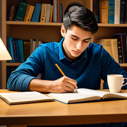 Focused Study Session**

"A focused student, fully clothed, studying intensely at a desk with books and notes, a cup of coffee nearby, warm lighting, comfortable and inviting study space, emphasizing concentration and determination. Safe for work, appropriate content, professional, educational setting, perfect anatomy, natural proportions."

**