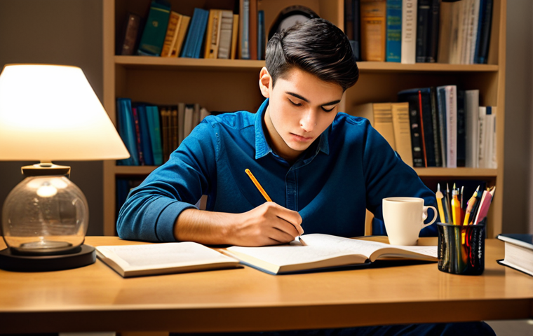 Focused Study Session**
"A focused student, fully clothed, studying intensely at a desk with books and notes, a cup of coffee nearby, warm lighting, comfortable and inviting study space, emphasizing concentration and determination. Safe for work, appropriate content, professional, educational setting, perfect anatomy, natural proportions."
**