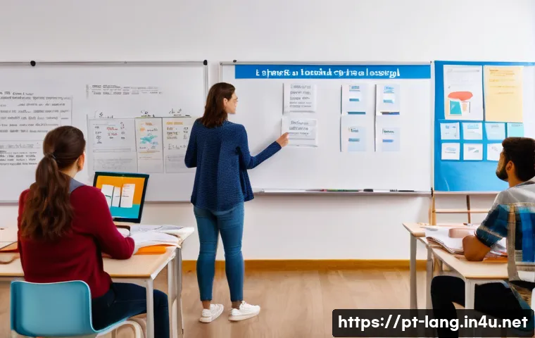 TCF와 DELF 차이점 비교 - A detailed classroom scene featuring adult Portuguese-speaking students preparing for the French lan...