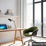 외국어 시험 집중력 향상 비법 - A neatly organized study desk in a bright, modern room with natural sunlight streaming through a lar...
