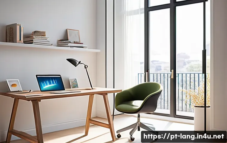 외국어 시험 집중력 향상 비법 - A neatly organized study desk in a bright, modern room with natural sunlight streaming through a lar...
