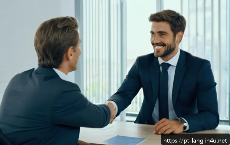 독일어 면접 준비 요령 - A professional German job interview scene inside a modern office, featuring a well-dressed man in bu...