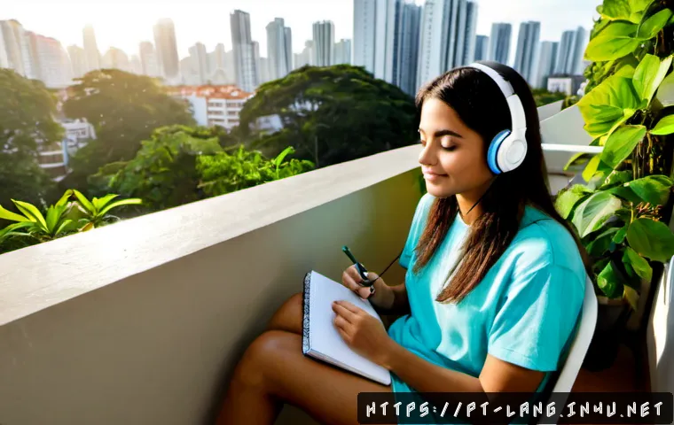 Home 17 외국어 학습에서의 멘탈 관리 방법 - Photorealistic Brazilian Portuguese-speaking adult learner taking a calm study break on a sunlit apa...