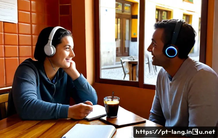 독일어 말하기 능력 향상법 - Photorealistic scene of a Portuguese-speaking adult practicing German conversation with a friendly l...