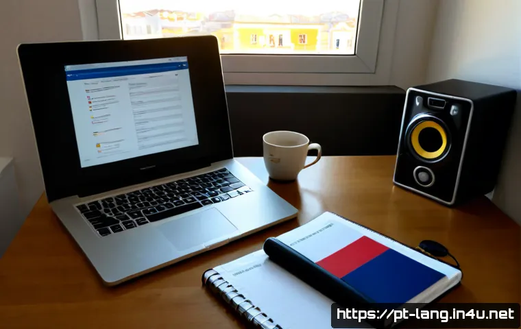 Home 17 프랑스어와 독일어 자격증 동시 취득 전략 - Photorealistic home study desk in Lisbon, Portugal, showing a focused adult learner preparing simult...